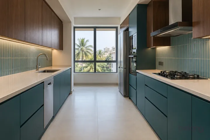 New modern parallel kitchen with a clear aisle in petrol teal and walnut, with pale ivory quartz worktops and pale blue-green vertically stacked ceramic tiles.