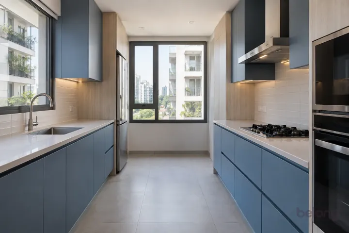 New modern parallel kitchen with a clear aisle in denim blue and pale ash, with pale grey quartz worktops and ivory narrow rectangular tiles in horizontal stack.