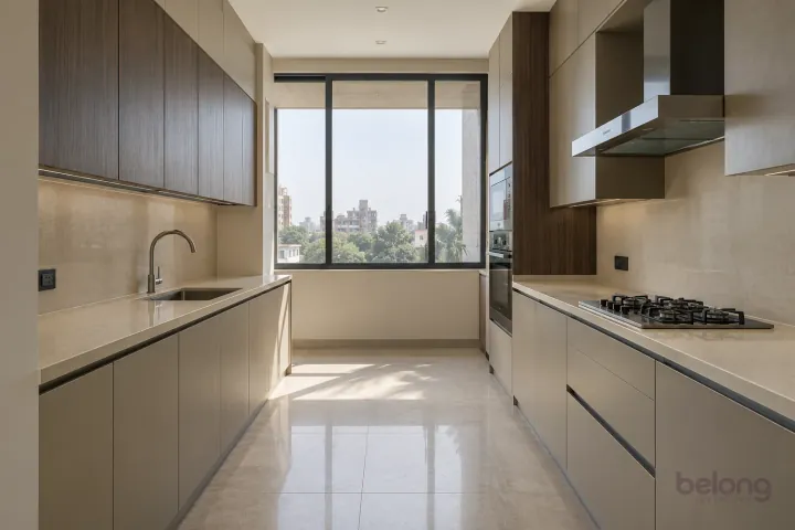 New modern parallel kitchen with a clear aisle in greige and dark oak, with cream porcelain slab worktops and pale beige large-format ceramic.