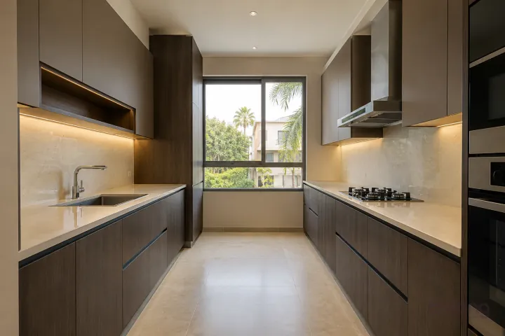 New modern parallel kitchen with a clear aisle in espresso and mocha, with cream quartzite-look porcelain worktops and warm off-white large slab backsplash.