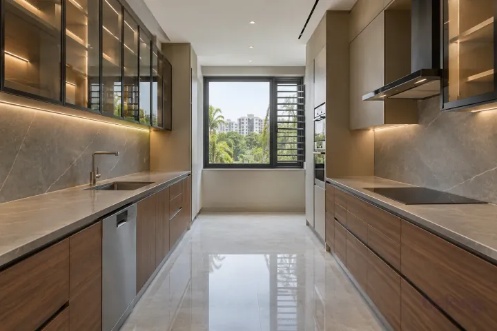 Walnut and champagne parallel kitchen with smoked-glass upper cupboards and grey porcelain surfaces.