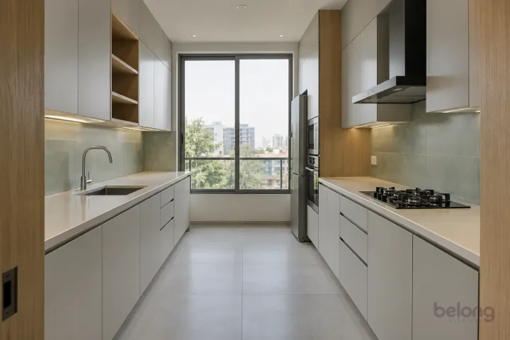 New modern parallel kitchen with a clear aisle in mist grey and light oak, with pale cream quartz worktops and large-format pale sage ceramic tiles.