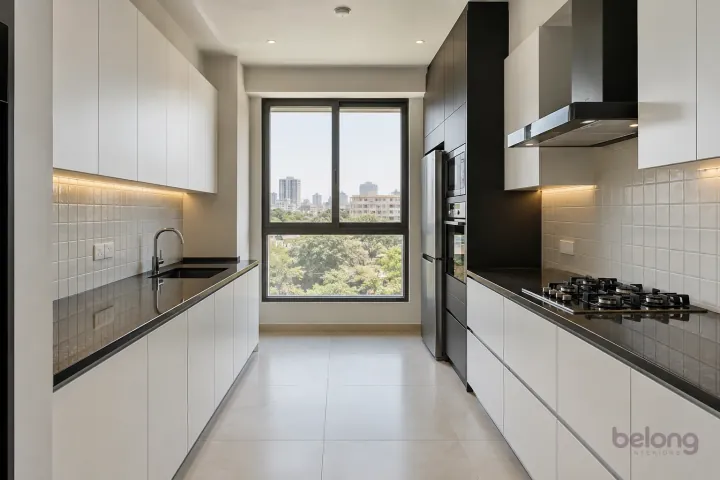 New modern parallel kitchen with a clear aisle in chalk white and midnight black, with honed black granite worktops and warm-white square ceramic tiles.
