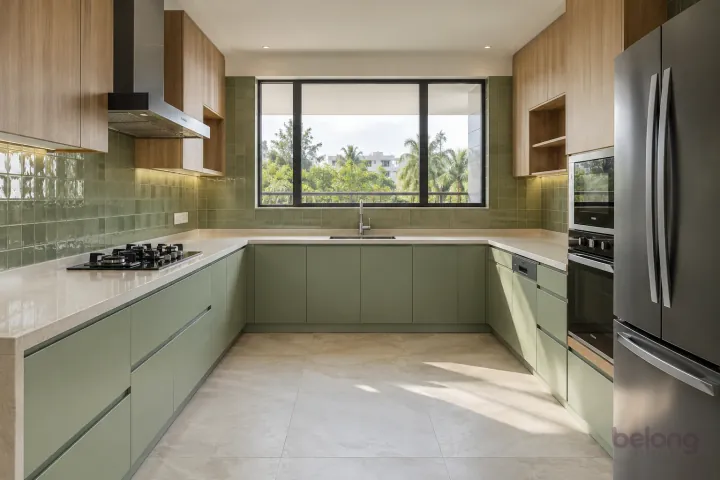 New modern generous U-shaped kitchen in pistachio and cypress oak, with cream quartz worktops and soft pistachio square gloss tiles.