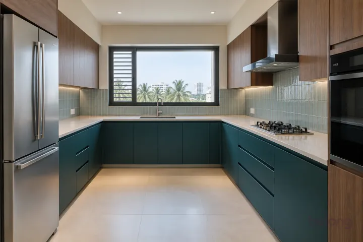 New modern generous U-shaped kitchen in petrol teal and walnut, with pale ivory quartz worktops and pale blue-green vertically stacked ceramic tiles.