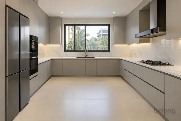 A generous U-shaped kitchen in pearl grey with a window-centred sink and pale stone surfaces.