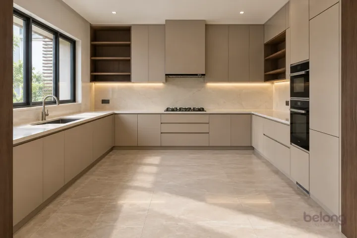 Cashmere U-shape with layered cabinetry, with cashmere and ivory quartz finishes, precise fitted joinery and pristine surfaces in a contemporary Indian home.