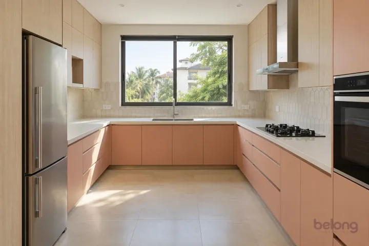 New modern generous U-shaped kitchen in peach and bleached oak, with warm-white quartz worktops and ivory elongated hexagonal porcelain tiles.