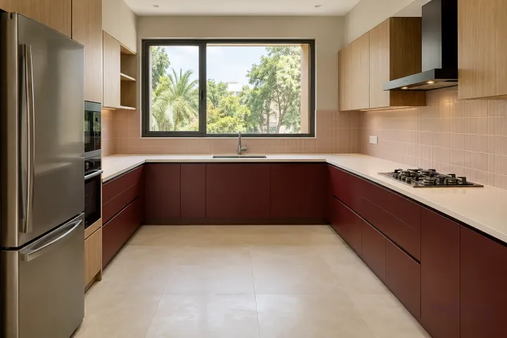 New modern generous U-shaped kitchen in burgundy and pale oak, with warm-white solid surface worktops and pale blush rectangular tiles in stacked rows.