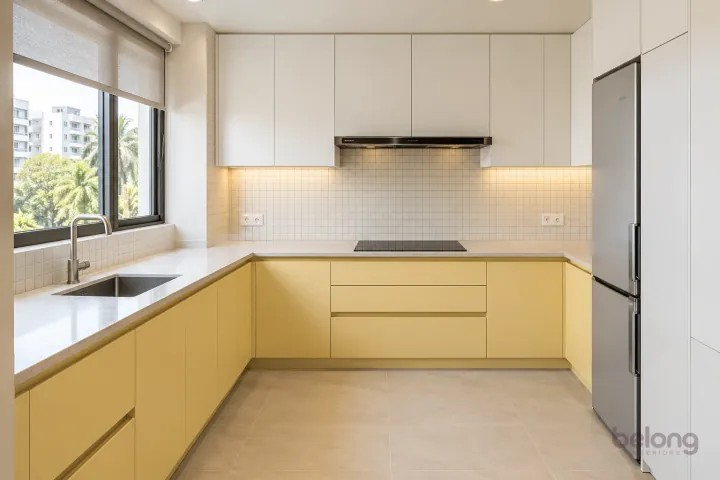 Small butter-yellow and white kitchen with a neat tiled backsplash and pale quartz countertop.