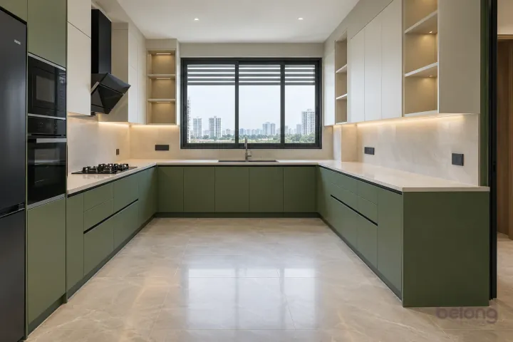 Moss-green U-shape with clear circulation, with moss green and warm white quartz finishes, precise fitted joinery and pristine surfaces in a contemporary Indian home.