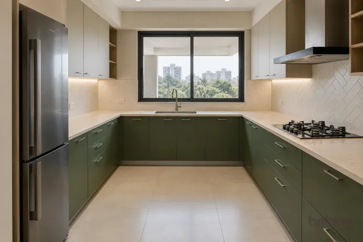 New modern generous U-shaped kitchen in moss green and greige, with pale beige sintered stone worktops and warm-white tile in a simple herringbone pattern.