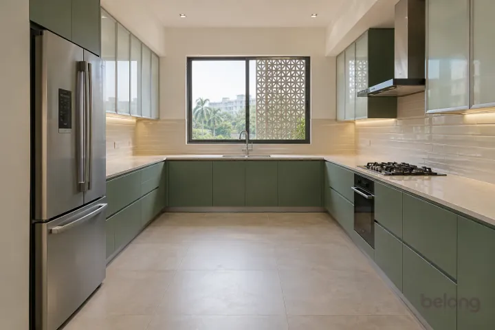New modern generous U-shaped kitchen in eucalyptus green and ivory glass, with cream quartz worktops and pale ivory horizontal ceramic rectangles.