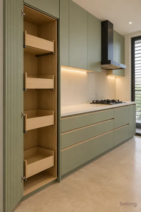 Sage one-wall kitchen with a fluted pantry, with sage and warm white quartz finishes, precise fitted joinery and pristine surfaces in a contemporary Indian home.