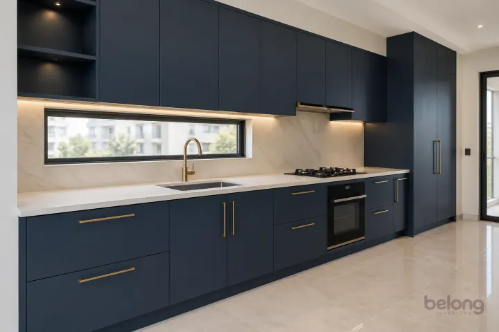 Navy and brass across one fitted wall, with deep navy and white stone finishes, precise fitted joinery and pristine surfaces in a contemporary Indian home.