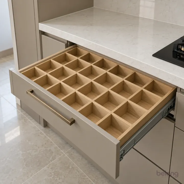Greige drawer with fitted spice compartments, with greige and pale stone quartz finishes, precise fitted joinery and pristine surfaces in a contemporary Indian home.