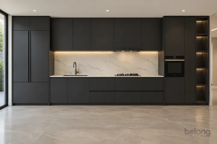 Black full-height wall with a worktop niche, with matte black and veined white stone finishes, precise fitted joinery and pristine surfaces in a contemporary Indian home.