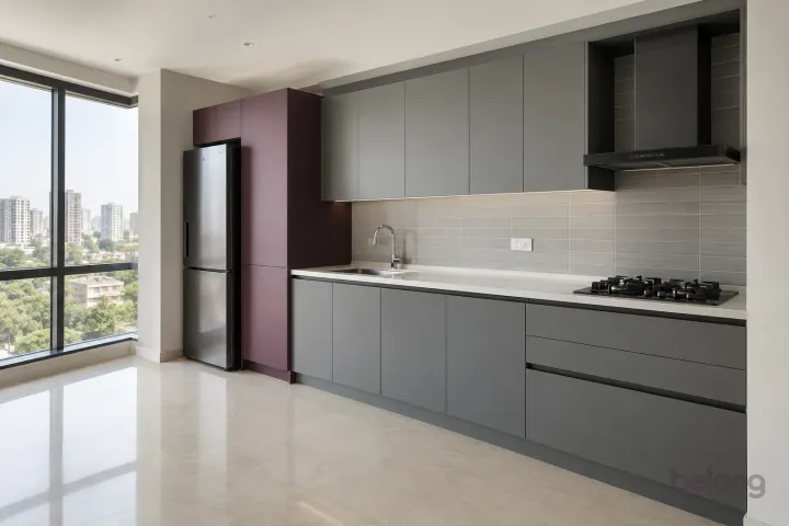 New modern compact straight kitchen in storm grey and muted plum, with white quartz worktops and pale grey rectangular ceramic tiles with slim grout.