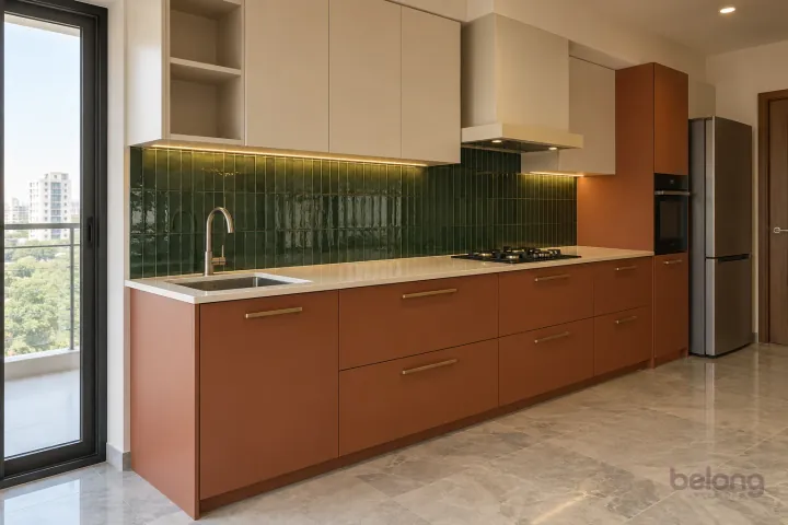 Terracotta run with glossy bottle-green tiles, with clay red and bottle green finishes, precise fitted joinery and pristine surfaces in a contemporary Indian home.