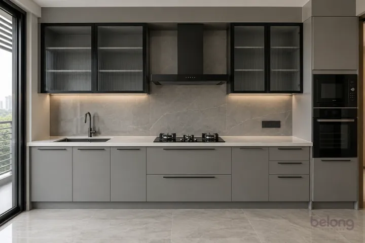 Concrete-grey run with closed glass uppers, with concrete grey and pale cement finishes, precise fitted joinery and pristine surfaces in a contemporary Indian home.