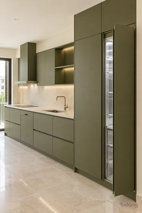 Olive run with panelled fridge and dishwasher, with olive green and warm white stone finishes, precise fitted joinery and pristine surfaces in a contemporary Indian home.
