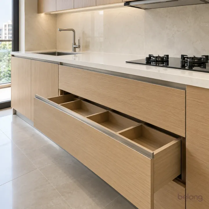 Oak drawers beneath a continuous prep top, with light oak and warm white finishes, precise fitted joinery and pristine surfaces in a contemporary Indian home.