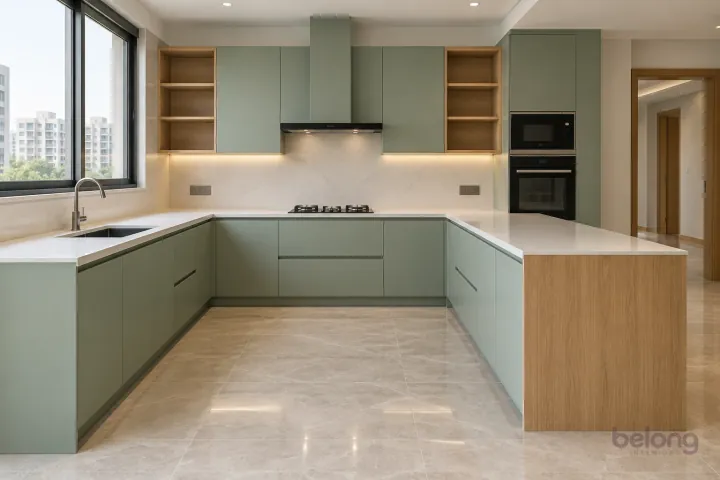 Eucalyptus peninsula with full-depth storage, with eucalyptus and white quartz finishes, precise fitted joinery and pristine surfaces in a contemporary Indian home.