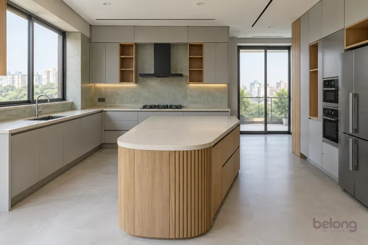New modern villa kitchen with a central island in mist grey and light oak, with pale cream quartz worktops and large-format pale sage ceramic tiles.