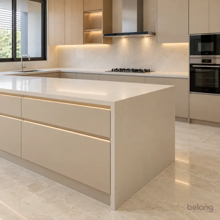 Linen-beige peninsula with flush storage, with linen beige and ivory quartz finishes, precise fitted joinery and pristine surfaces in a contemporary Indian home.