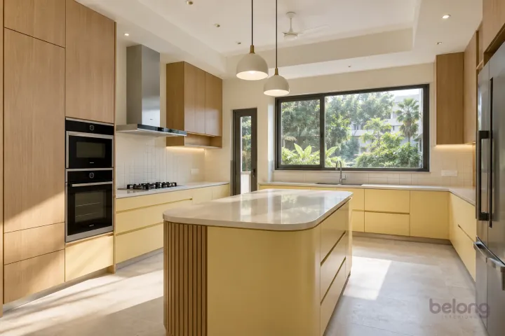 New modern villa kitchen with a central island in butter yellow and natural oak, with cream sintered stone worktops and warm-white small square tiles.