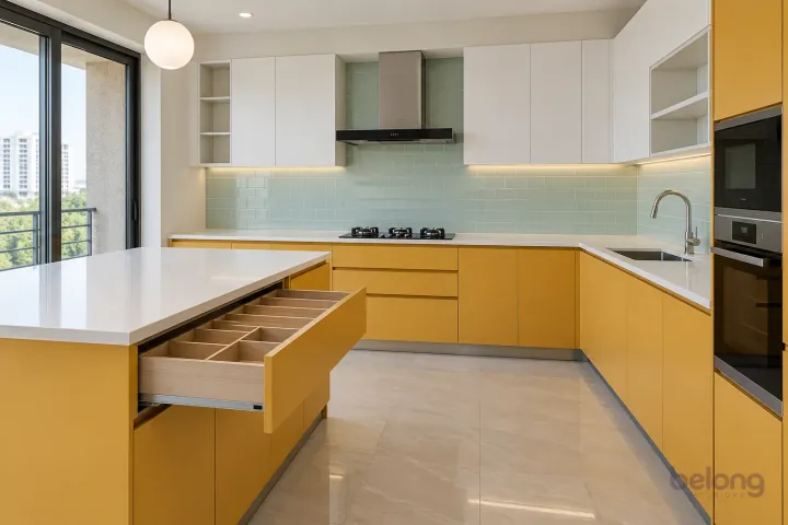 Marigold peninsula with a divided drawer, with marigold and white quartz finishes, precise fitted joinery and pristine surfaces in a contemporary Indian home.