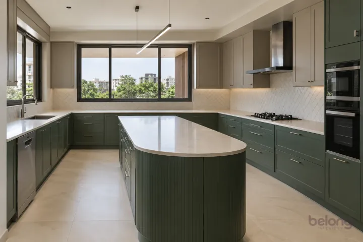 New modern villa kitchen with a central island in moss green and greige, with pale beige sintered stone worktops and warm-white tile in a simple herringbone pattern.