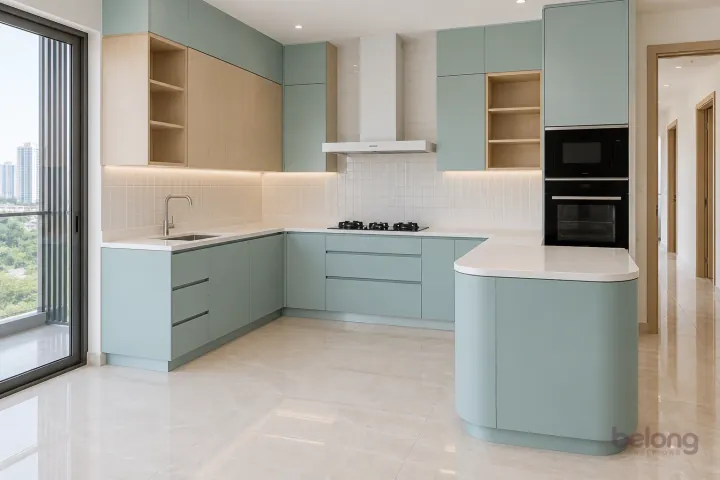 Duck-egg peninsula with a rounded end, with duck-egg blue and white quartz finishes, precise fitted joinery and pristine surfaces in a contemporary Indian home.