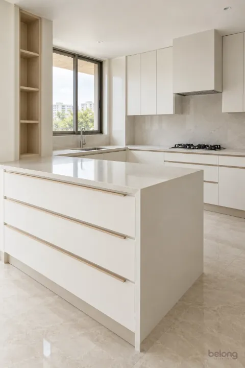 Chalk-white peninsula with a clear prep top, with chalk white and pale quartz finishes, precise fitted joinery and pristine surfaces in a contemporary Indian home.