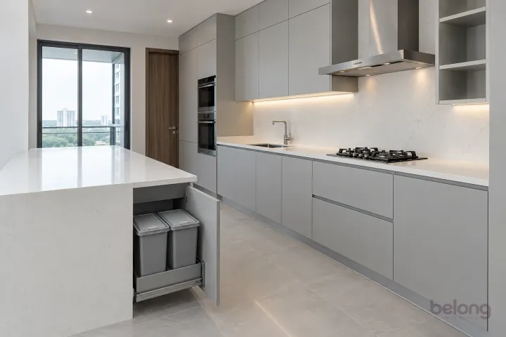 Cloud grey peninsula with a twin bin pull-out, with cloud grey and white quartz finishes, precise fitted joinery and pristine surfaces in a contemporary Indian home.