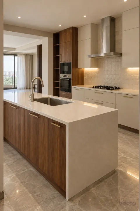 Sheesham peninsula holding the main sink, with sheesham and pale quartz finishes, precise fitted joinery and pristine surfaces in a contemporary Indian home.