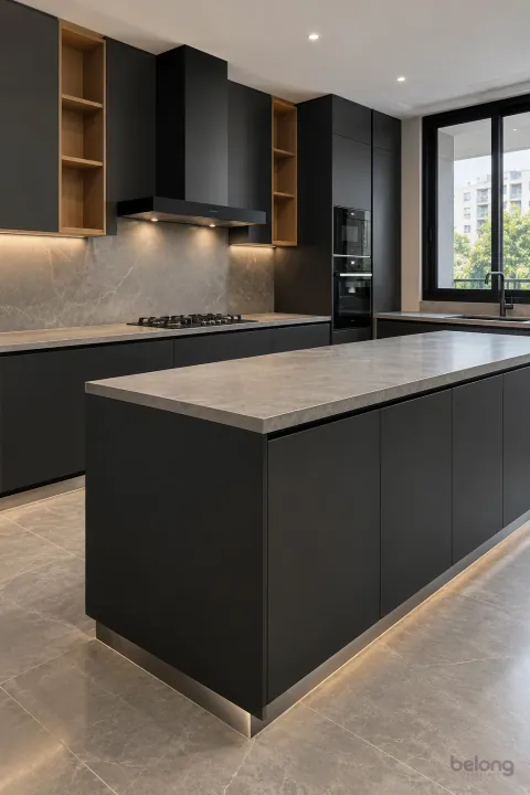 Black peninsula with a steel-edged plinth, with matte black and concrete-look quartz finishes, precise fitted joinery and pristine surfaces in a contemporary Indian home.