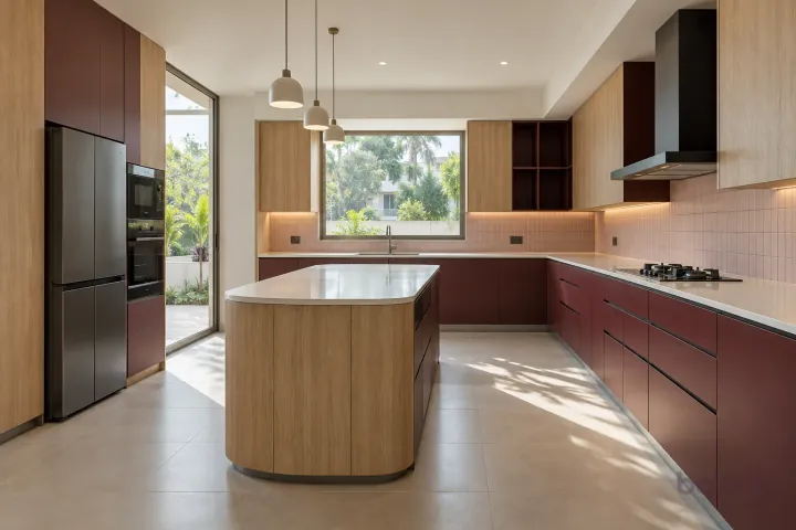 New modern villa kitchen with a central island in burgundy and pale oak, with warm-white solid surface worktops and pale blush rectangular tiles in stacked rows.