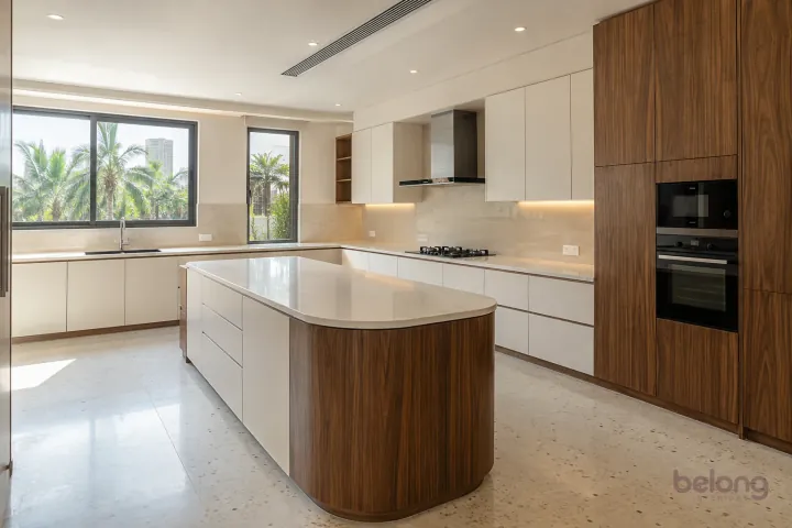 New modern villa kitchen with a central island in warm white and figured walnut, with plain warm-white quartz worktops and ivory large-format porcelain.