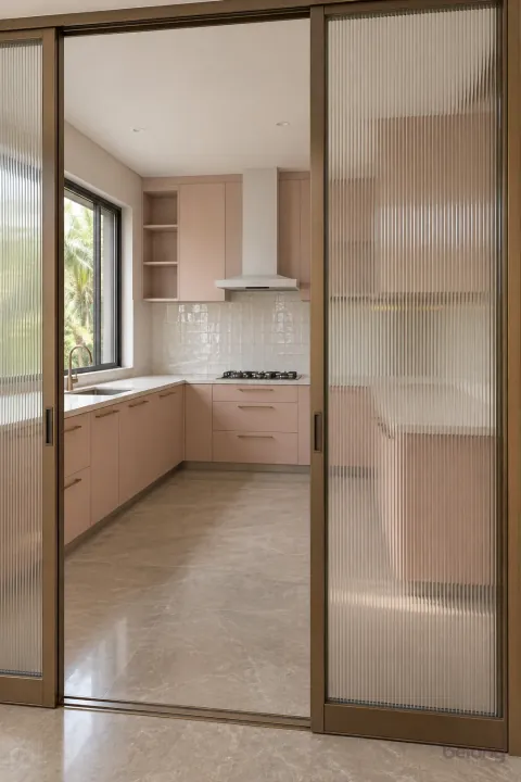 Blush kitchen behind bronze reeded glass doors, with soft blush and white marble finishes, precise fitted joinery and pristine surfaces in a contemporary Indian home.