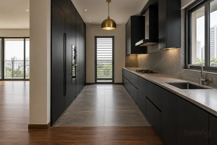Matte black tall wall that hides everything, with matte black and honed grey stone finishes, precise fitted joinery and pristine surfaces in a contemporary Indian home.