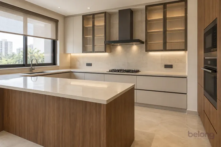 Teak peninsula with reeded-glass cabinets, with teak and cream stone finishes, precise fitted joinery and pristine surfaces in a contemporary Indian home.