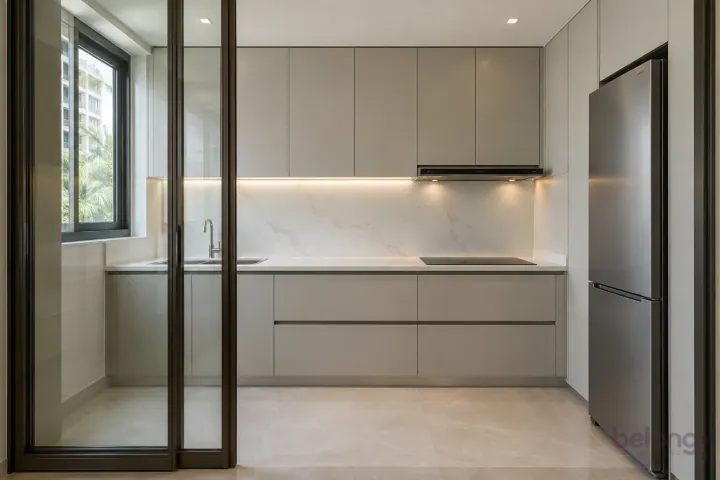 Small light-grey straight kitchen enclosed by a slim sliding-glass partition with a clear entrance.