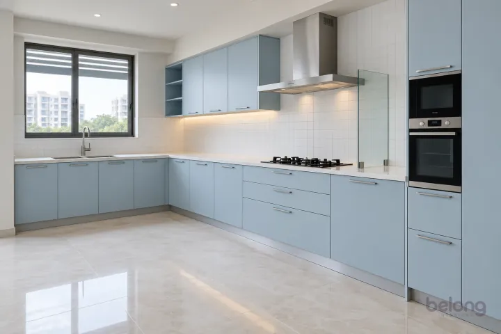 Powder blue L-shape with a glass end screen, with powder blue and white quartz finishes, precise fitted joinery and pristine surfaces in a contemporary Indian home.