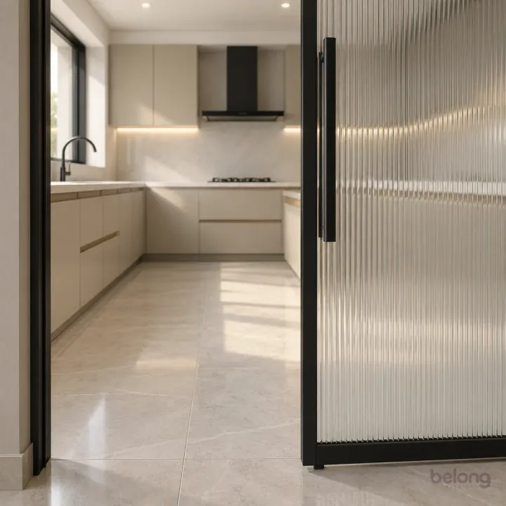 Top-hung fluted glass door with no floor track, with oatmeal and warm white stone finishes, precise fitted joinery and pristine surfaces in a contemporary Indian home.