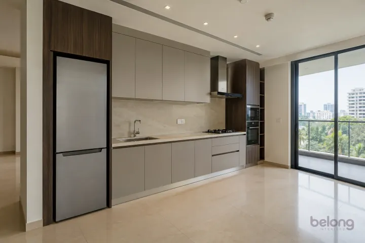 New modern compact straight kitchen in greige and dark oak, with cream porcelain slab worktops and pale beige large-format ceramic.