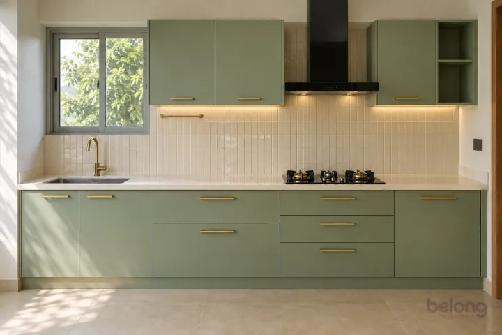 Sage and cream one-wall kitchen with brass rail, with sage and cream tile finishes, precise fitted joinery and pristine surfaces in a contemporary Indian home.