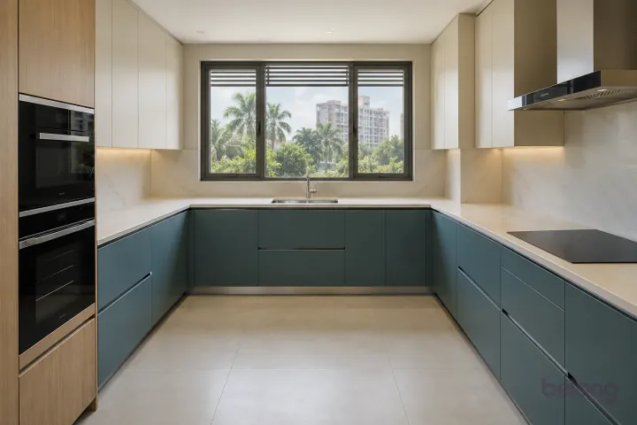 Medium-size U-shaped kitchen with deep teal cabinetry and ivory stone surfaces.