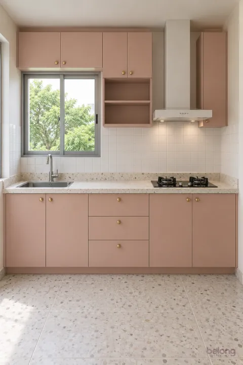 Blush and white one-wall kitchen with terrazzo, with dusty blush and speckled terrazzo finishes, precise fitted joinery and pristine surfaces in a contemporary Indian home.