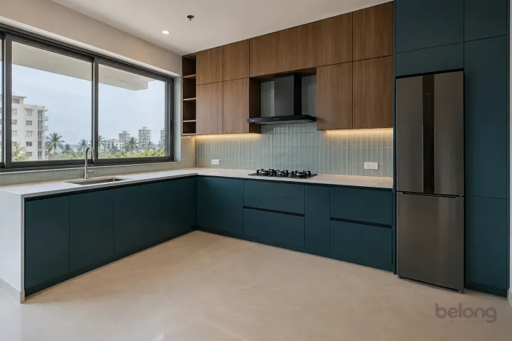 New modern compact L-shaped kitchen in petrol teal and walnut, with pale ivory quartz worktops and pale blue-green vertically stacked ceramic tiles.